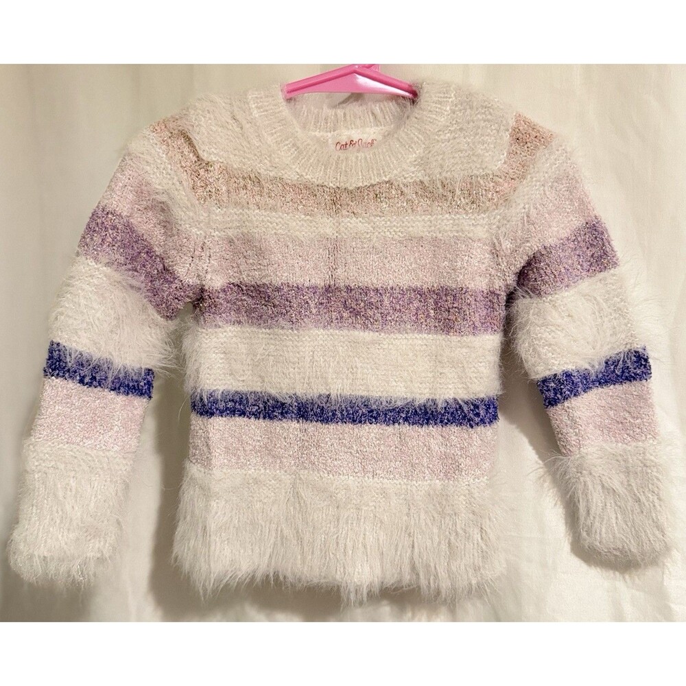 Cat & Jack Girls 18M White Purple Striped Fuzzy Pullover Sweater Holiday Sparkly